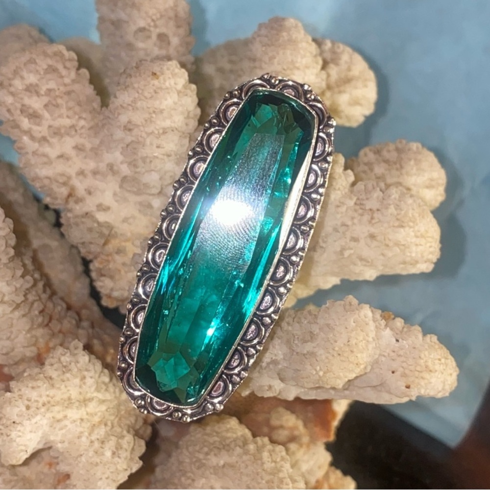 Aqua Tourmaline Vintage Inspired Elongated Ring in 925 Sterling Silver